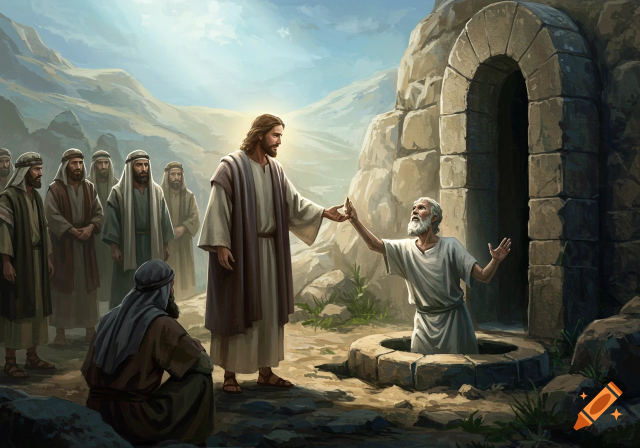 Jesus helps Lazarus out of a tomb as followers watch in this biblical illustration.