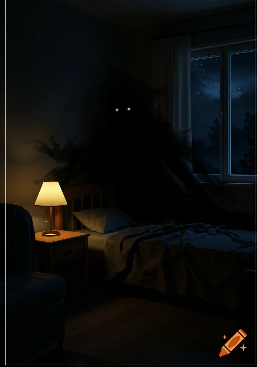 Dark figure with glowing eyes in a bedroom corner at night