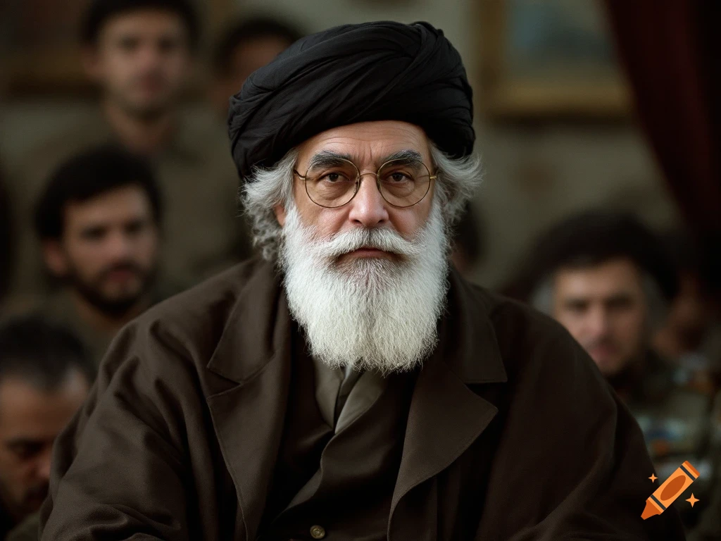 Photorealistic portrait of an older man with a white beard and black turban, wearing a dark coat, looking forward.