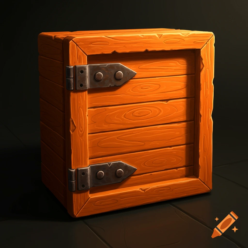 Close-up of a stylized orange wooden crate with metal hinges.