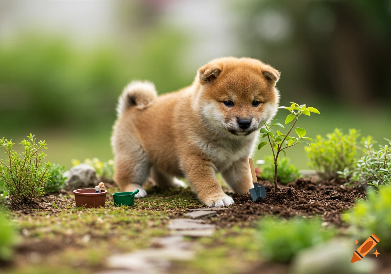 A cute Shiba Inu puppy digs in the dirt next to a small tree and tiny gardening tools.
