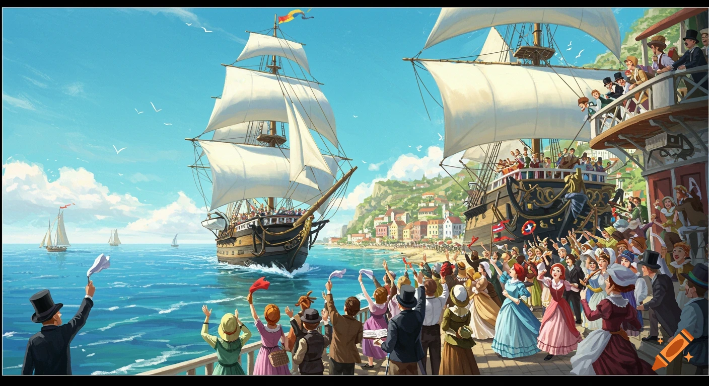 Sailing ships in a harbor with people cheering on deck and shore, illustration style.