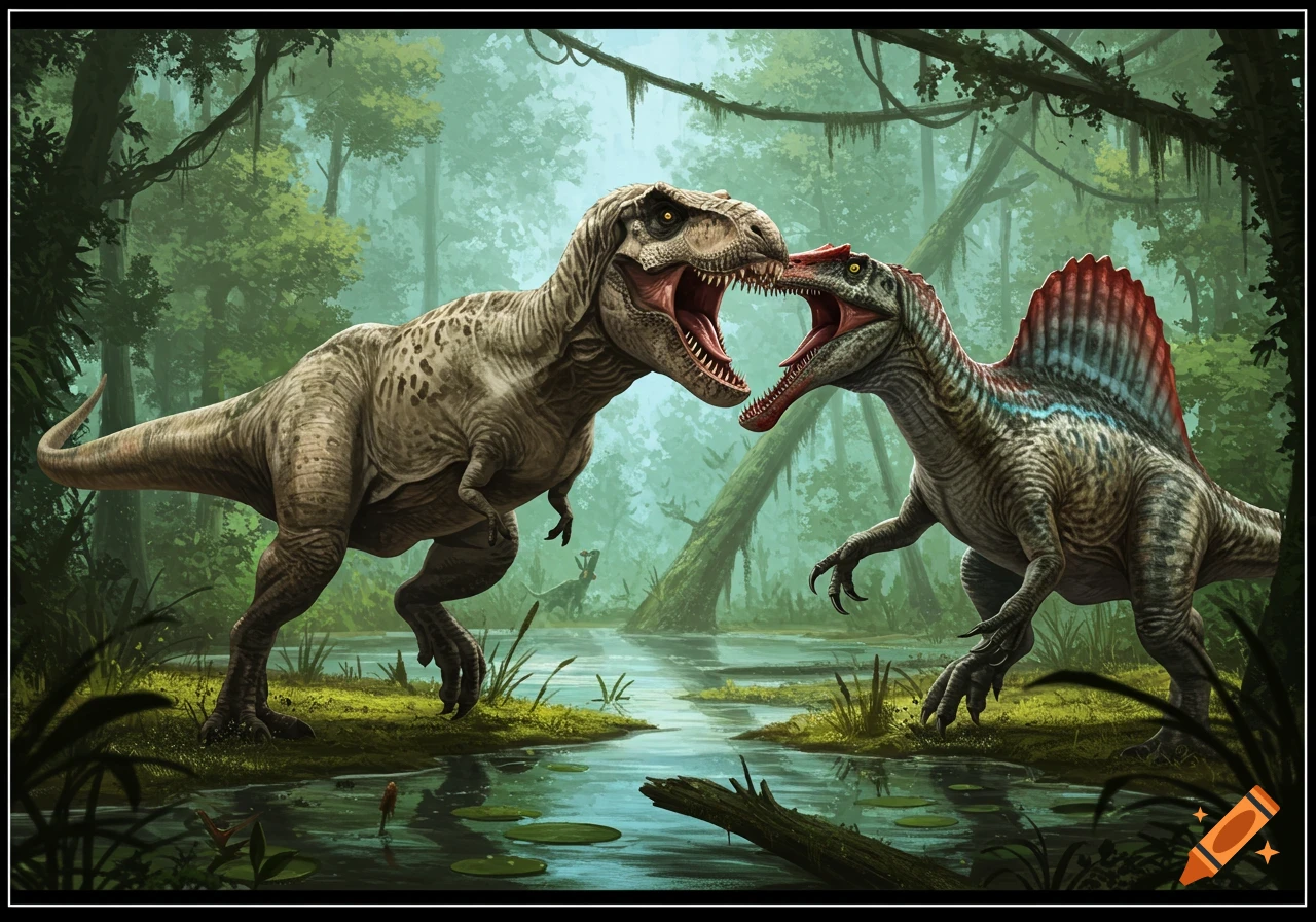 A Tyrannosaurus rex and Spinosaurus roar at each other in a misty prehistoric swamp.