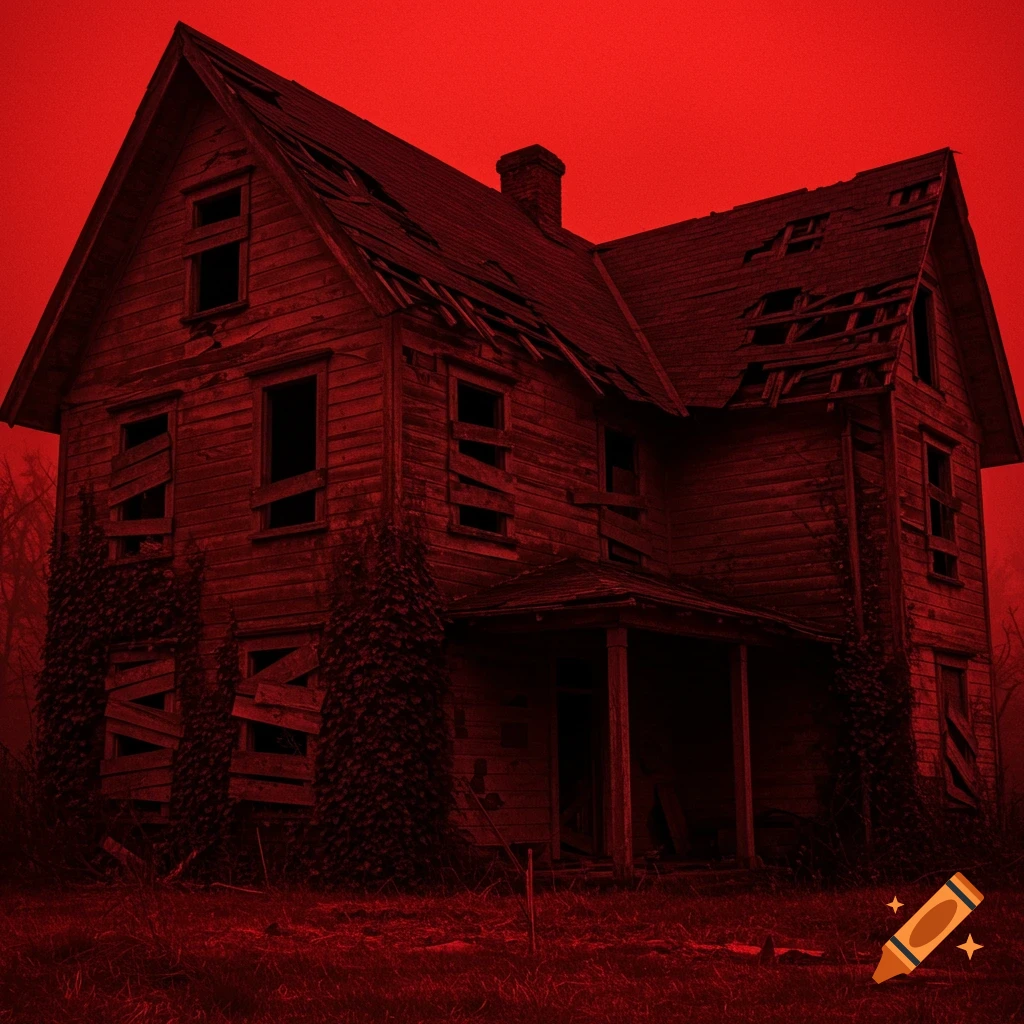 Abandoned house with boarded windows under a red sky.