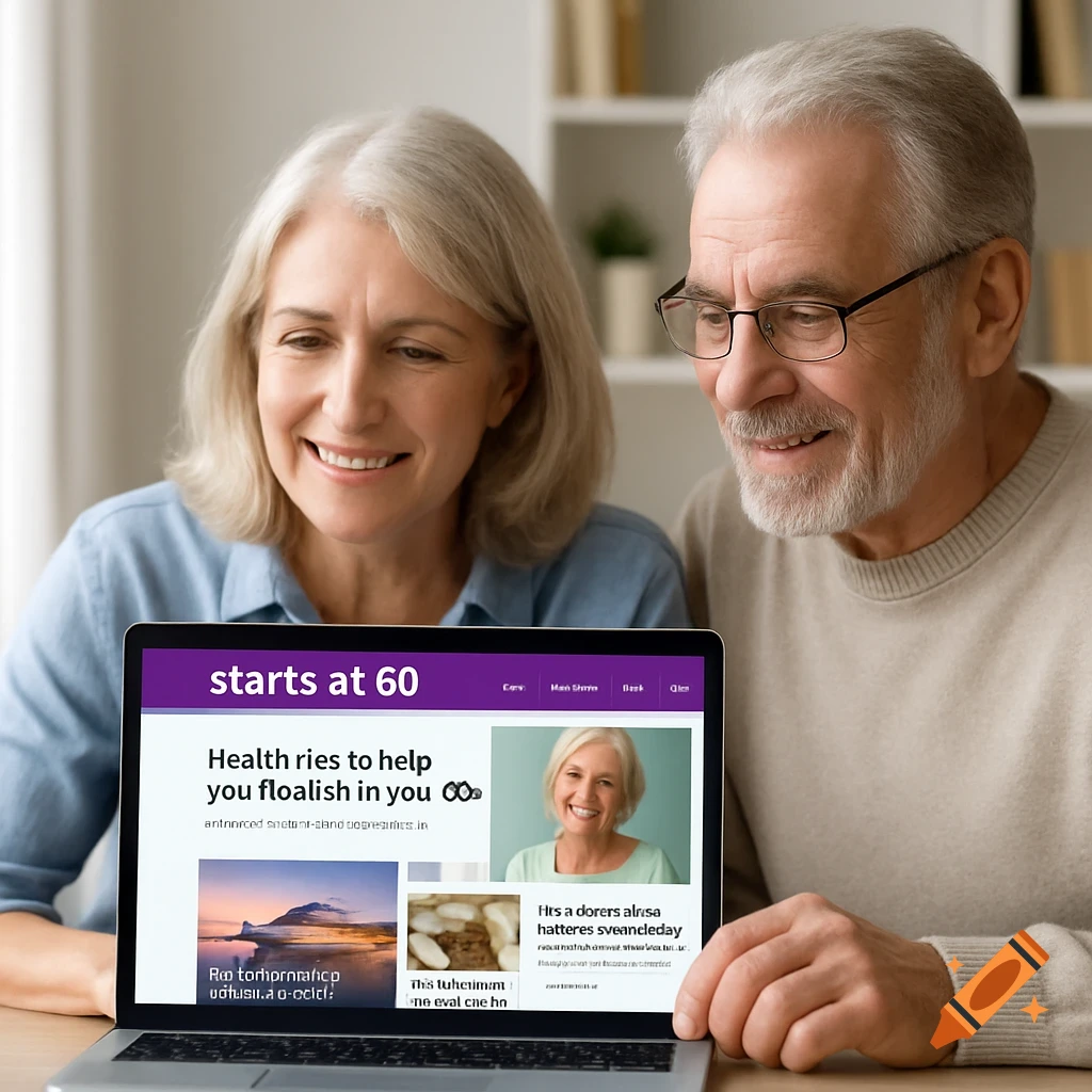 An elderly couple smiles while looking at a laptop screen showing a website titled 'starts at 60'.