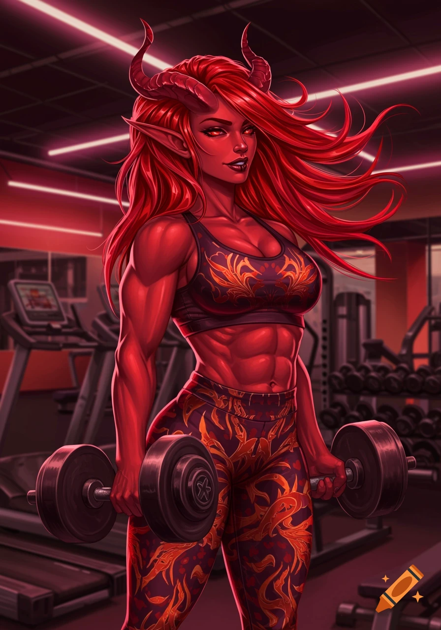 Red-skinned Tiefling woman with horns working out in a gym, holding dumbbells.