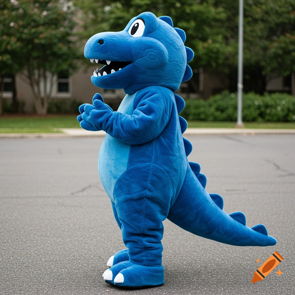 A person in a blue dinosaur mascot costume stands on a street.