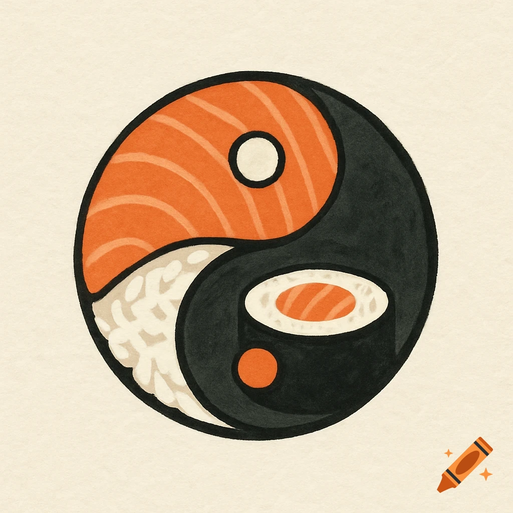 A stylized yin yang logo made of sushi, with one half represented by salmon and the other by rice and nori.