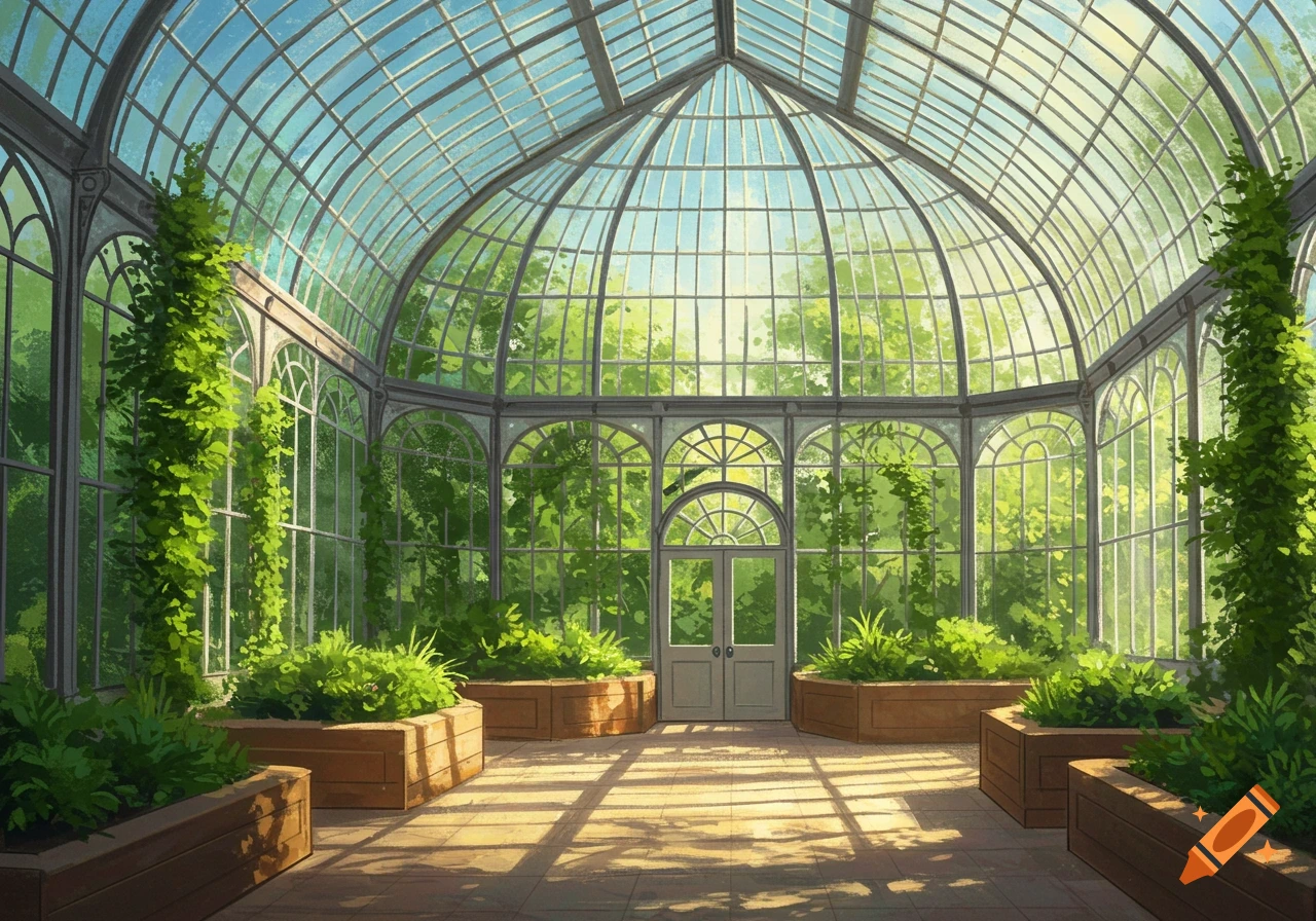 Interior view of a large glass greenhouse filled with lush green plants in wooden planters, with sunlight streaming through the roof.