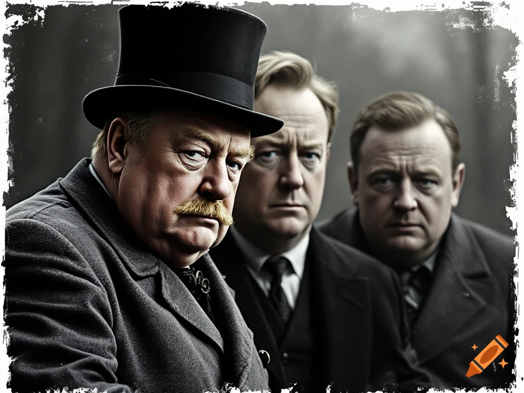Three men in suits, one in a top hat, posed in a formal portrait with a distressed border.