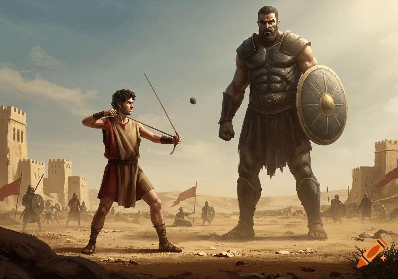 A small figure with a sling faces a giant armored warrior in a desert battle scene outside a walled city.