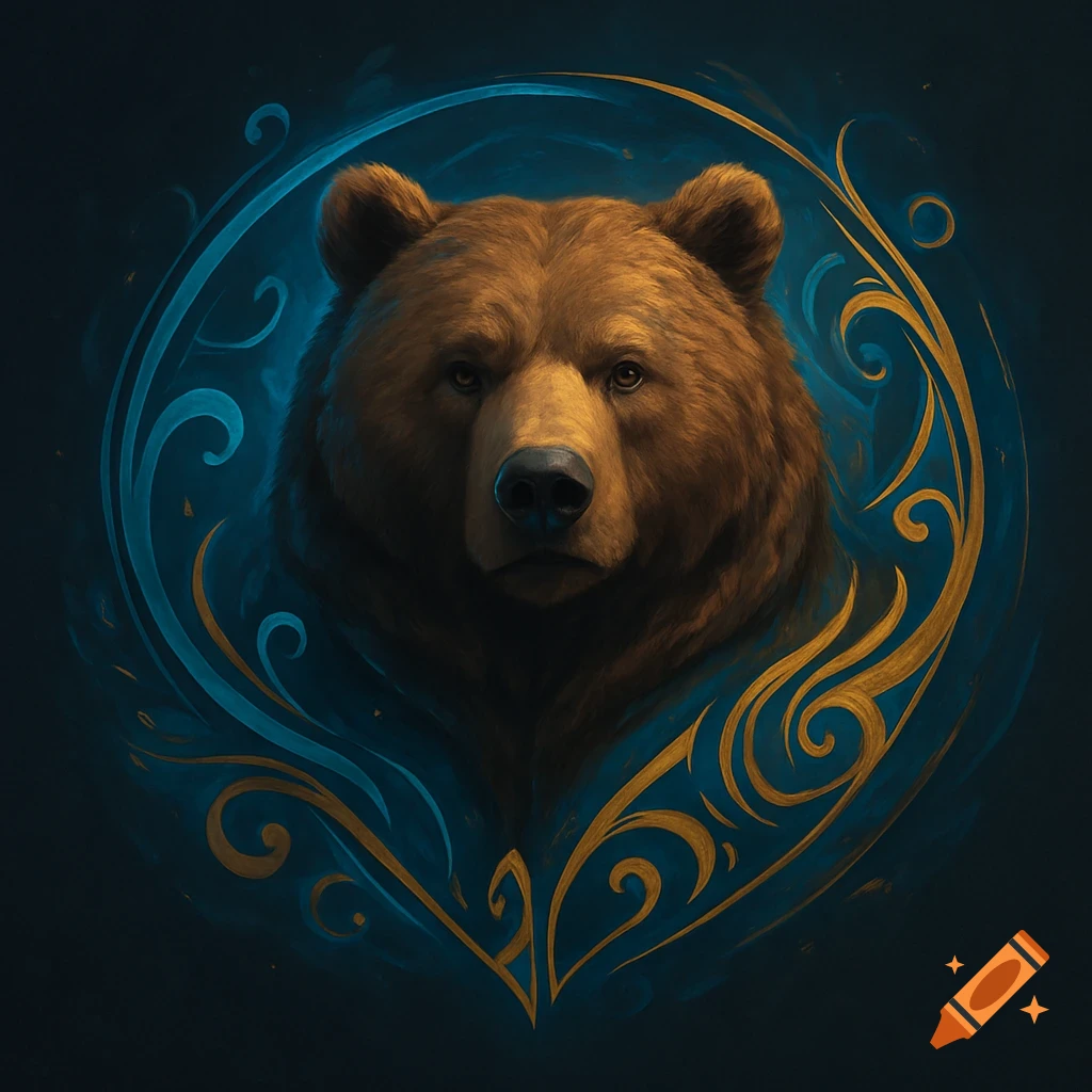 Brown bear portrait in a circle of blue and gold swirling designs.