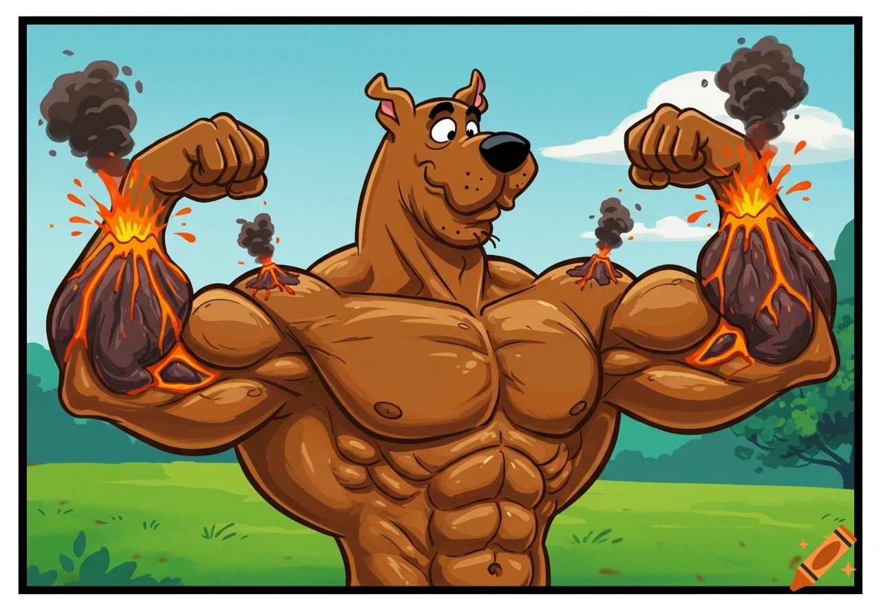 A muscular Scooby Doo flexing his biceps with miniature erupting volcanoes on them, in a 2D cartoon style.