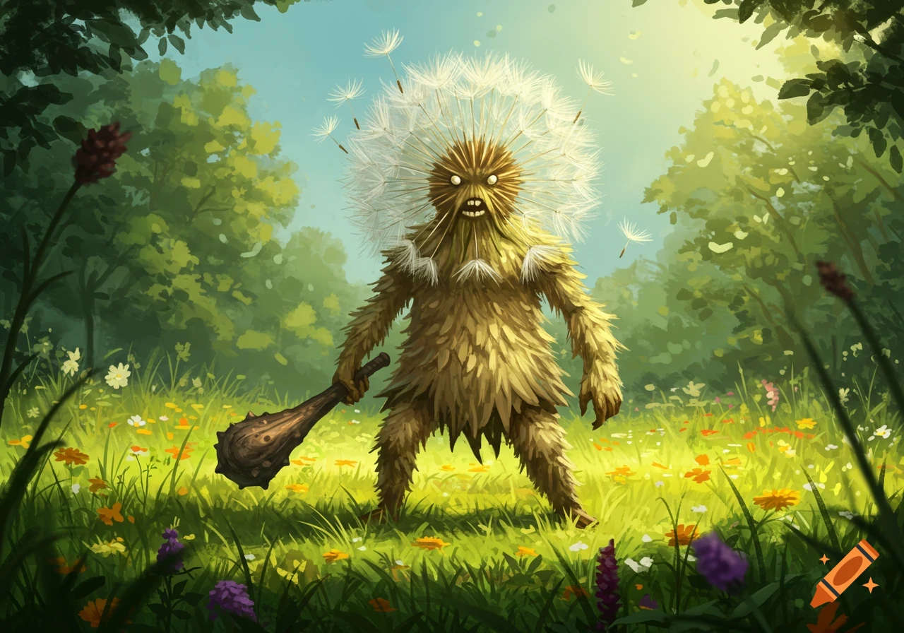 Fantasy dandelion creature barbarian holding a club in a meadow, digital art.