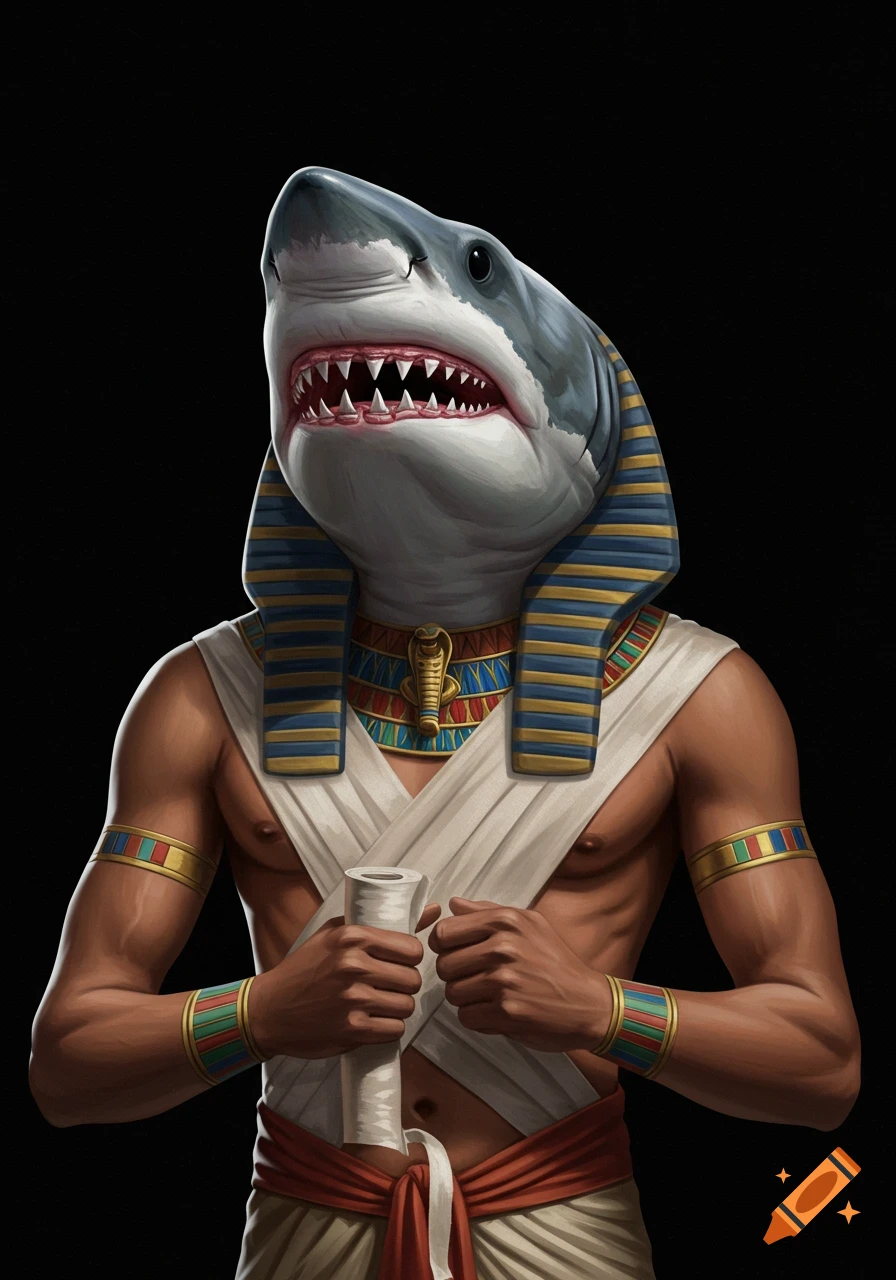 Humanoid figure with a shark head in ancient Egyptian attire holding a bandage roll. Digital painting.