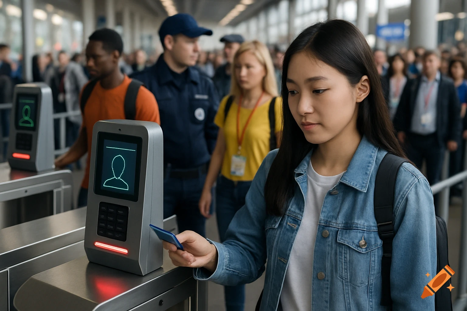 A woman scans a card at an electronic security gate.