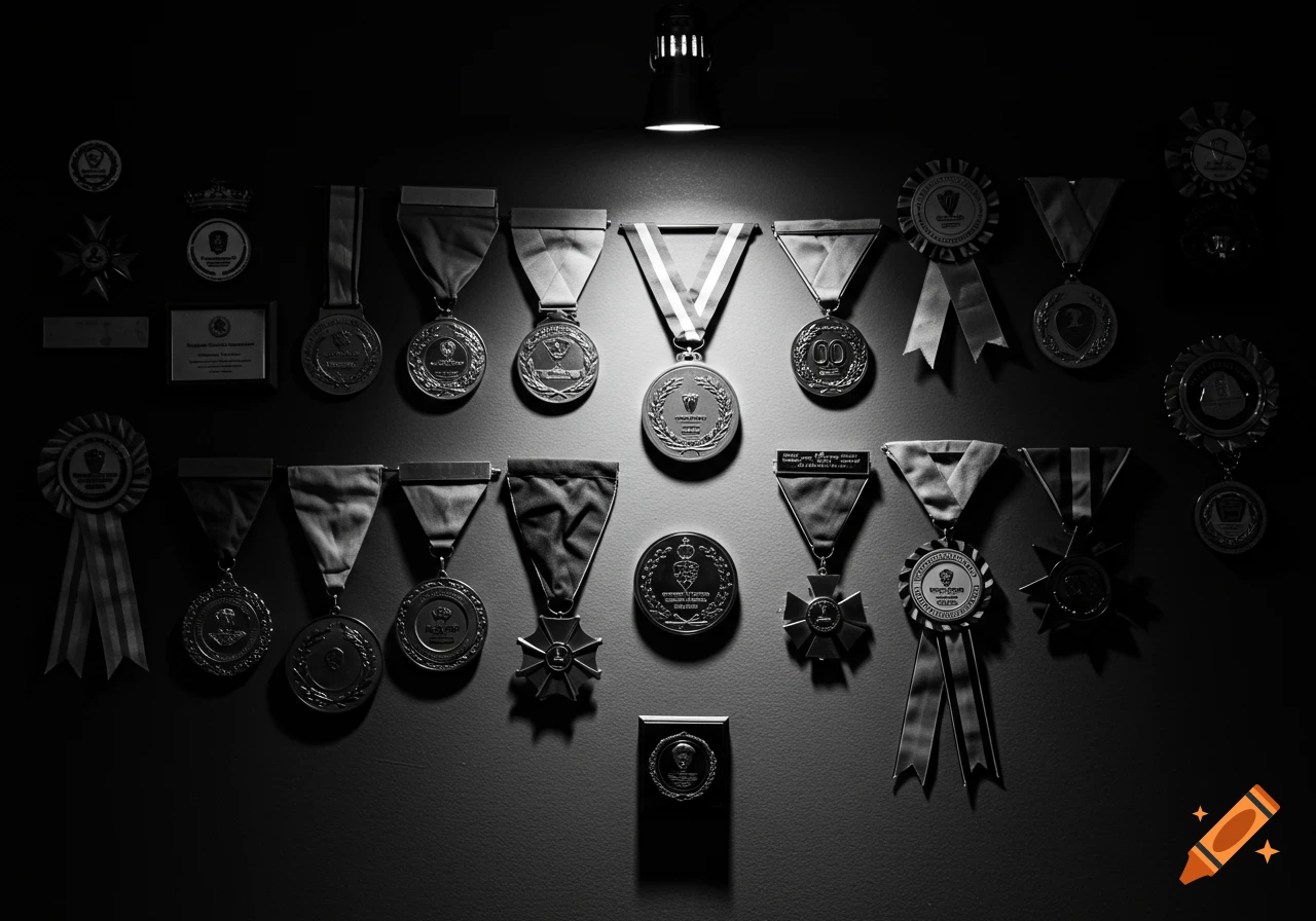 Black and white photo of awards and medals displayed on a wall with a spotlight.