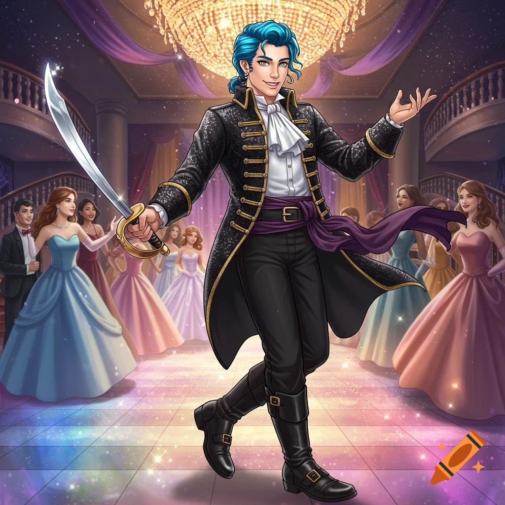 Man in pirate-like attire with blue hair and sword at a sparkling ballroom dance