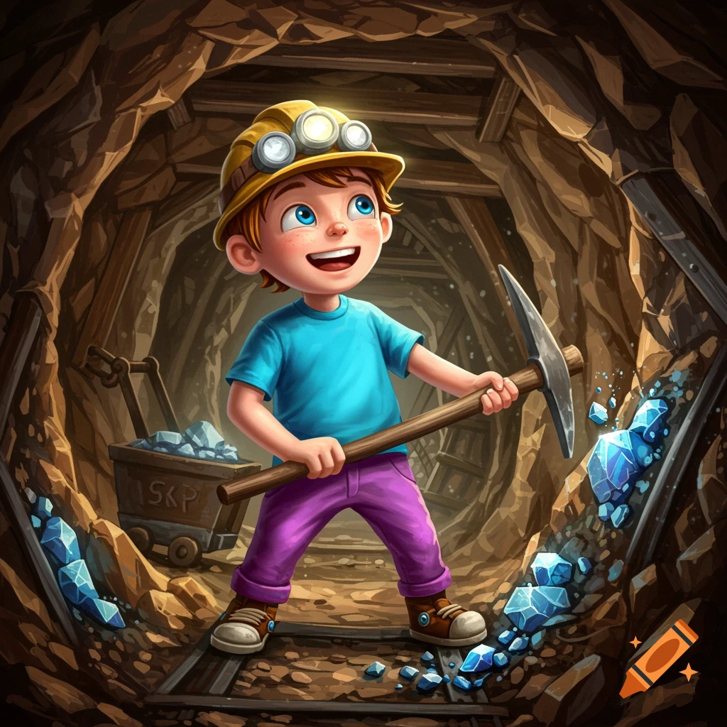 Cartoon illustration of a cheerful boy with a pickaxe in a mine, surrounded by blue gems.