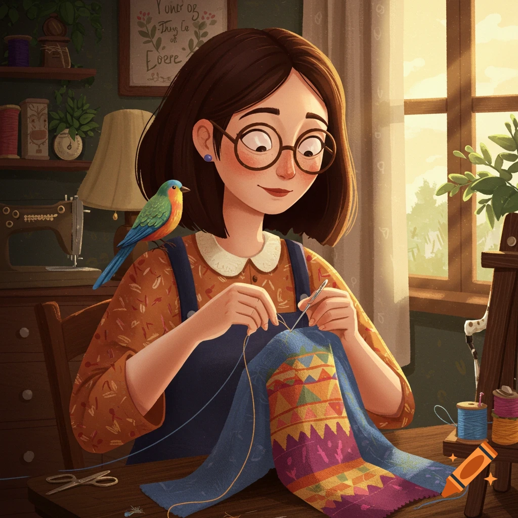 An illustration of a woman with glasses sewing intricate patterns onto blue fabric with a bird on her shoulder.
