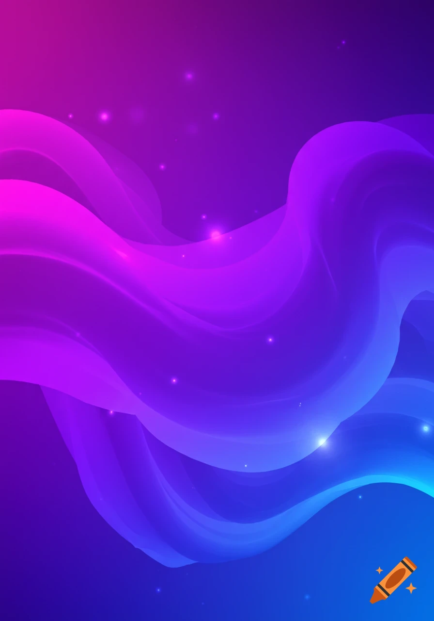 Vibrant abstract background with purple and blue swirling shapes and glowing particles.