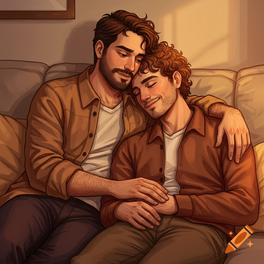 Two men cuddle on a couch in a warm, illustrative style.