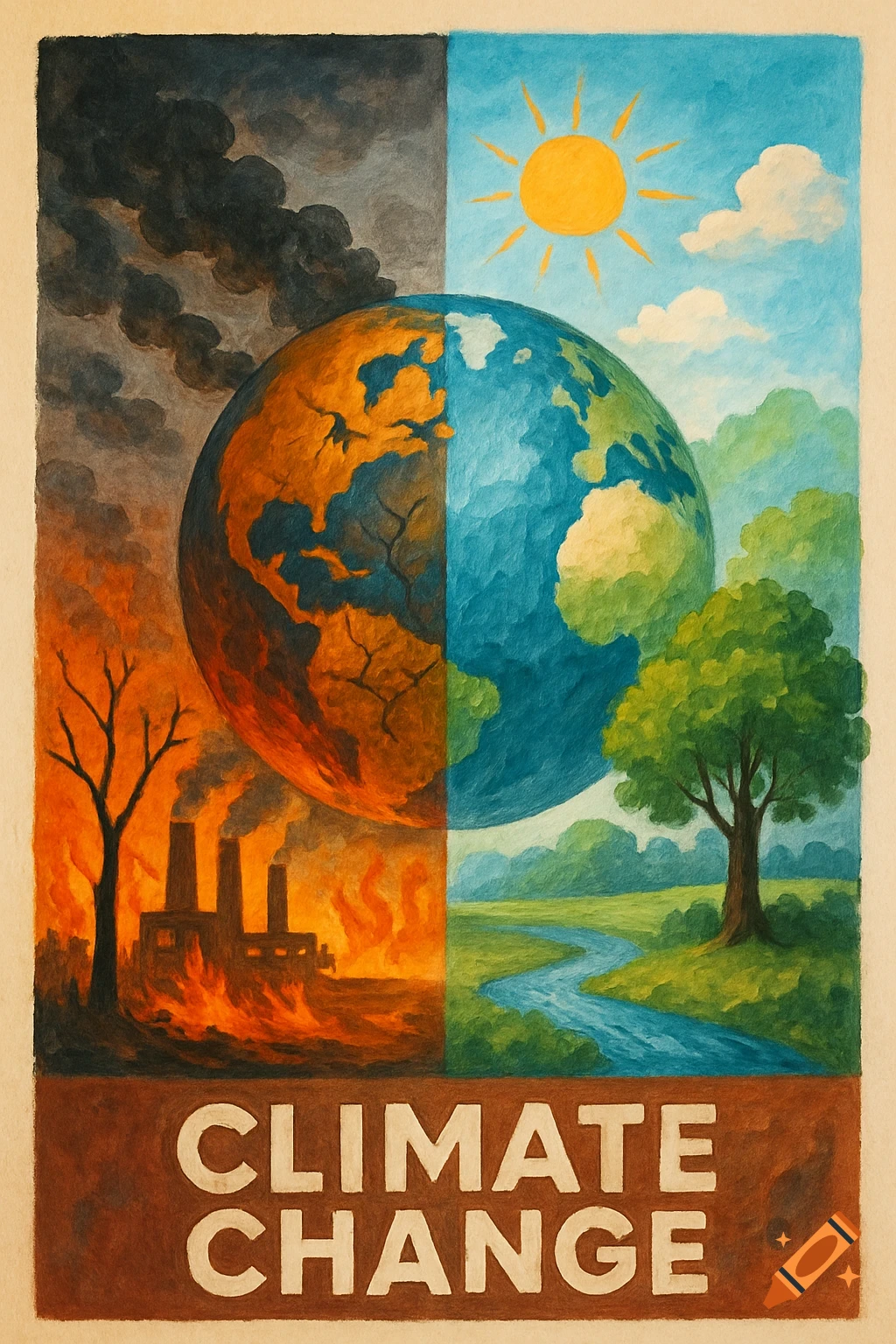 Poster contrasting pollution with nature under a split globe, text 'CLIMATE CHANGE'.