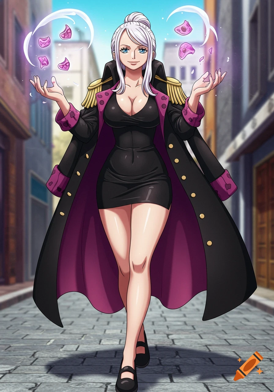 Anime character with white hair and blue eyes in black dress and marine coat conjuring items in a street
