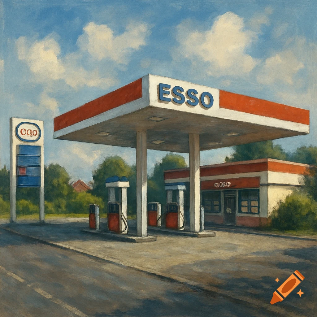 Painting of an Esso gas station under a cloudy sky