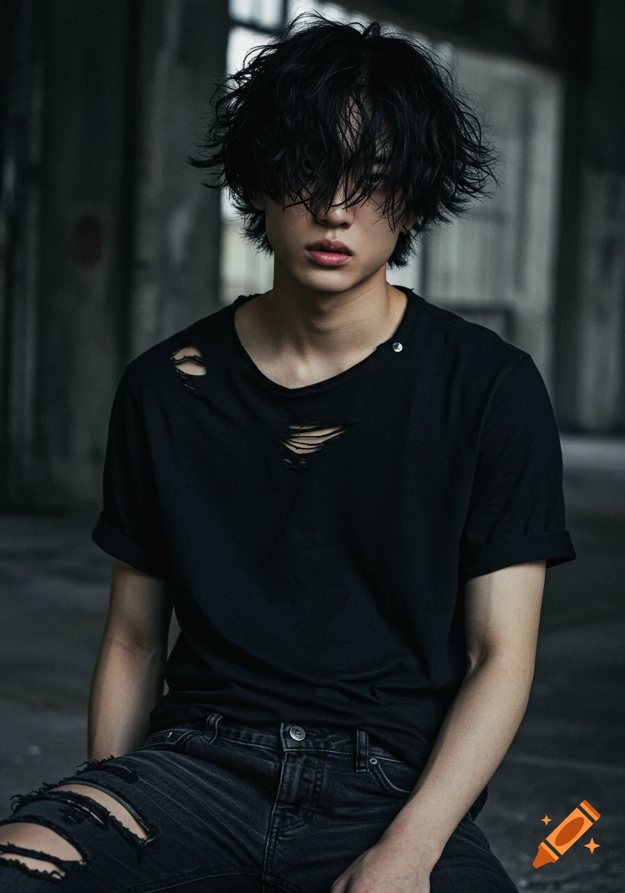Young man with messy hair wearing a ripped black t-shirt and jeans in a dark, grunge setting.