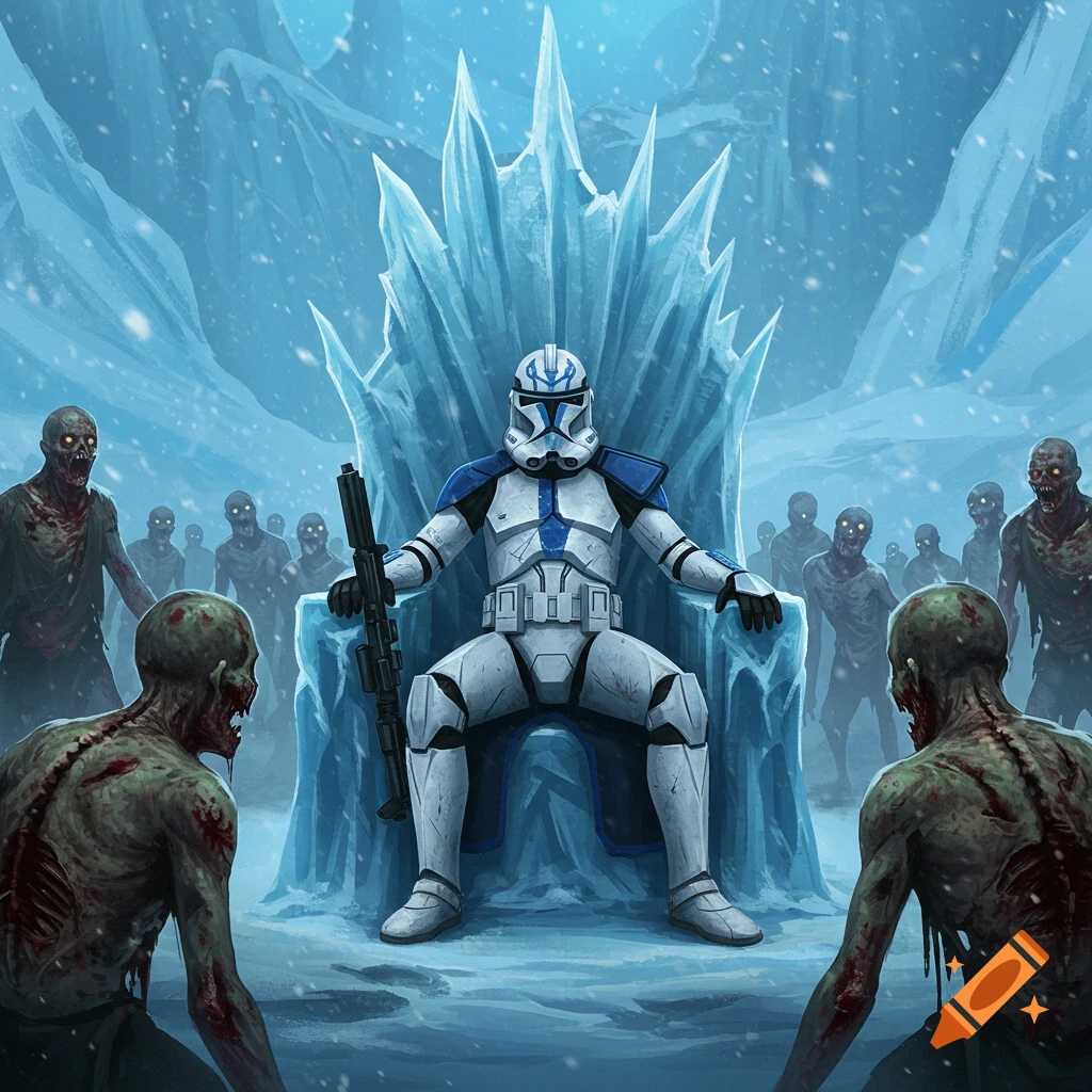 A clone trooper sits on an ice throne, surrounded by a horde of zombies in a snowy, icy cave. Illustration.