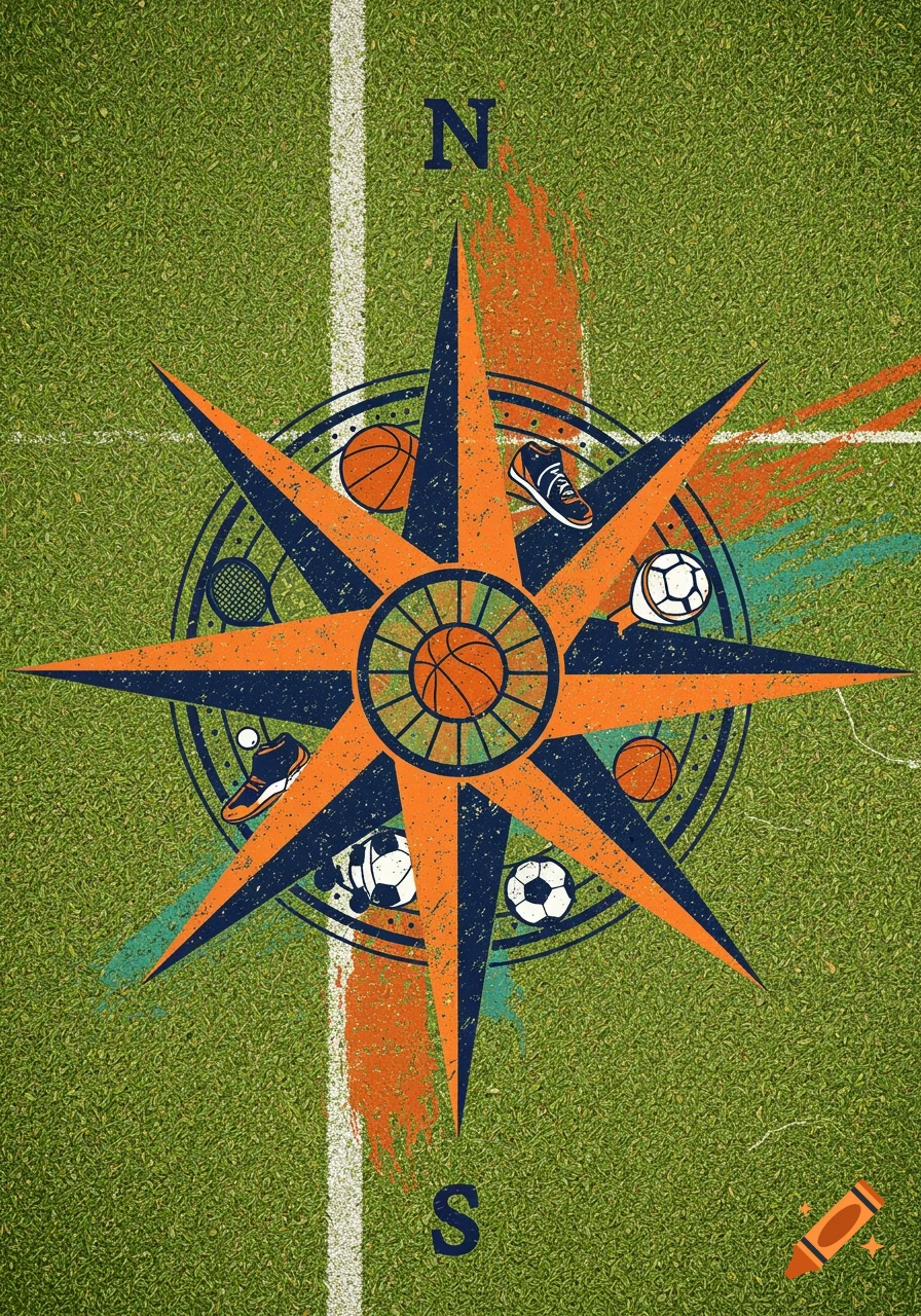 A compass rose design filled with sports equipment on a green grass background.