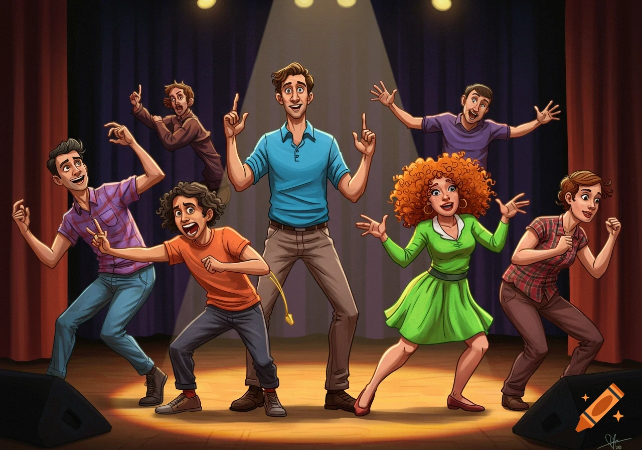 Illustrated group of performers striking dynamic poses on a stage.