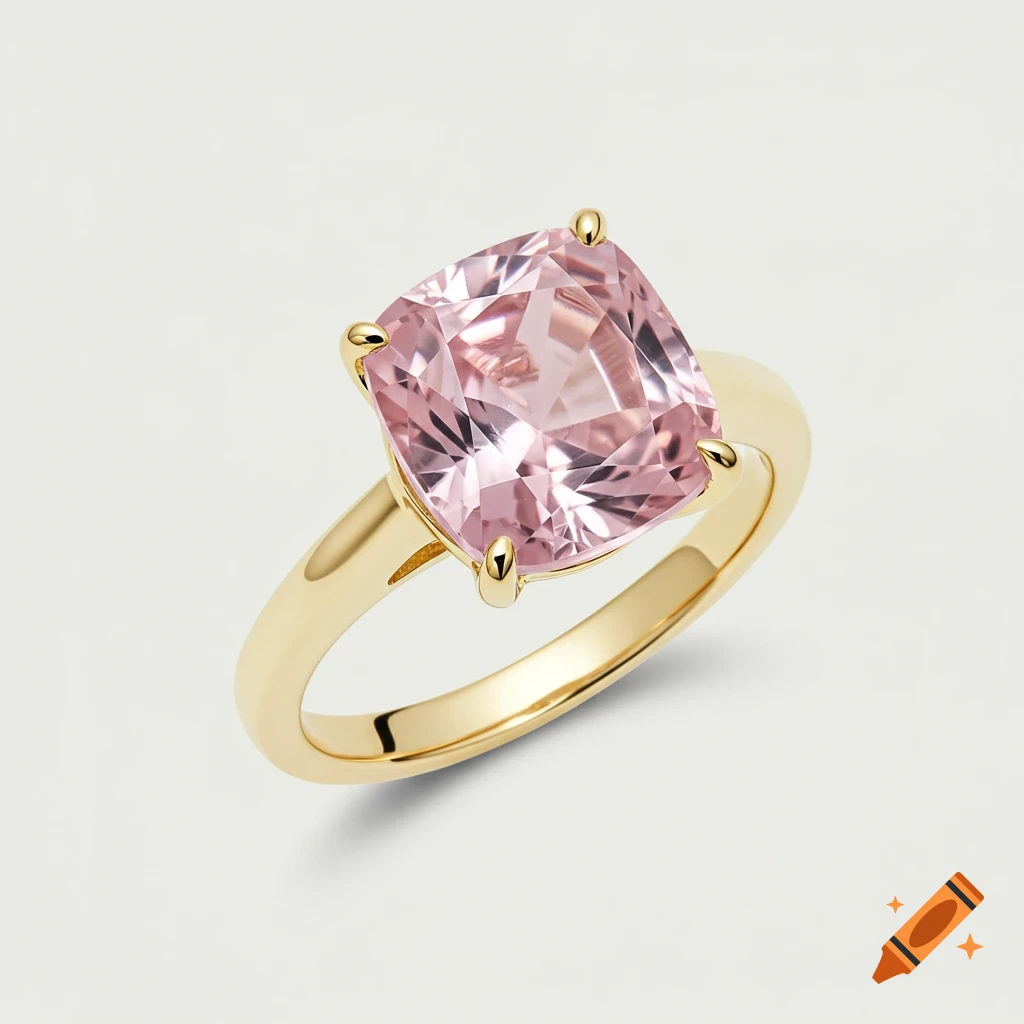 A gold ring with a large square cushion-cut light pink sapphire gemstone.