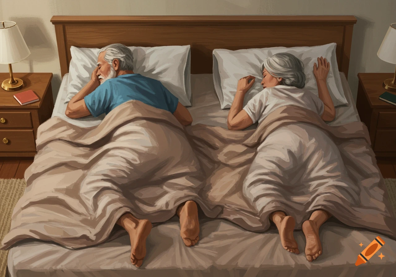 Two elderly people sleeping in bed, viewed from above, in a painted style.