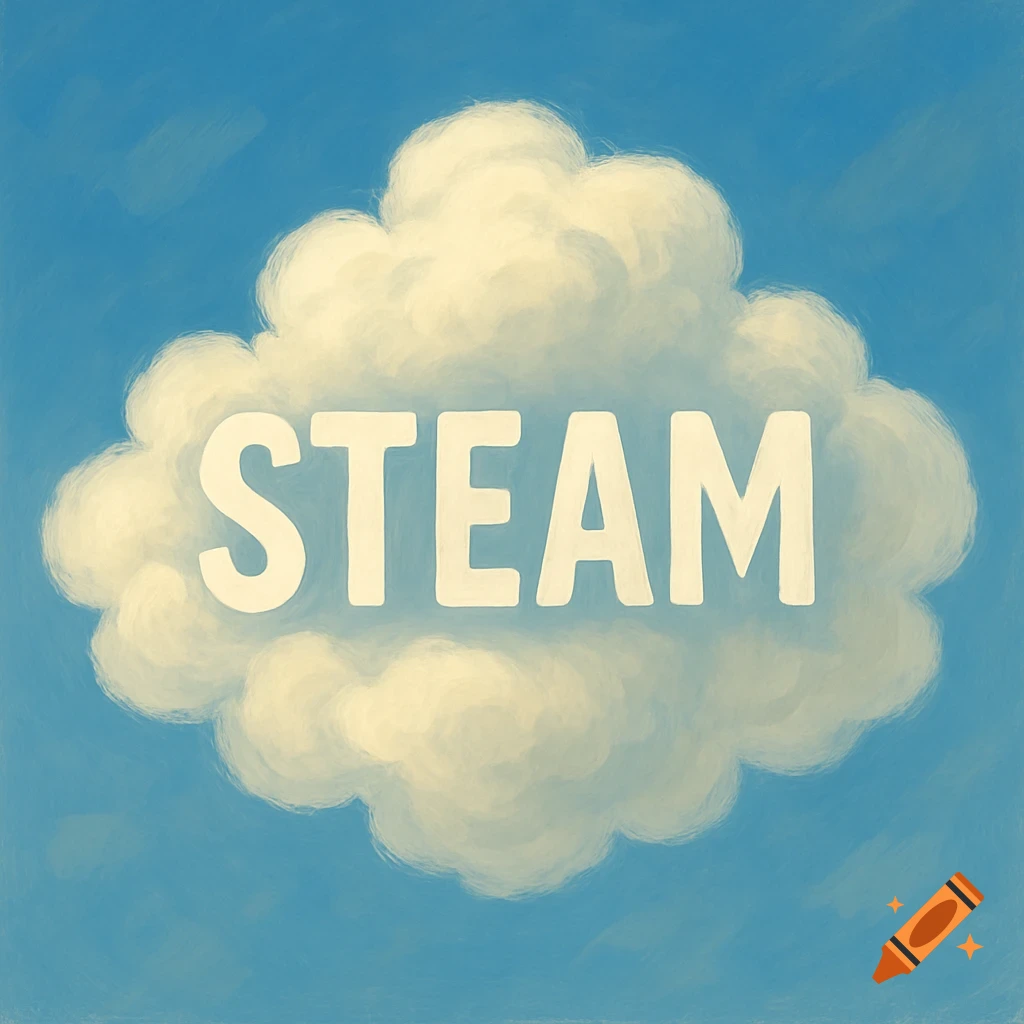 A painterly illustration of a white cloud with the word STEAM on it, against a blue sky.
