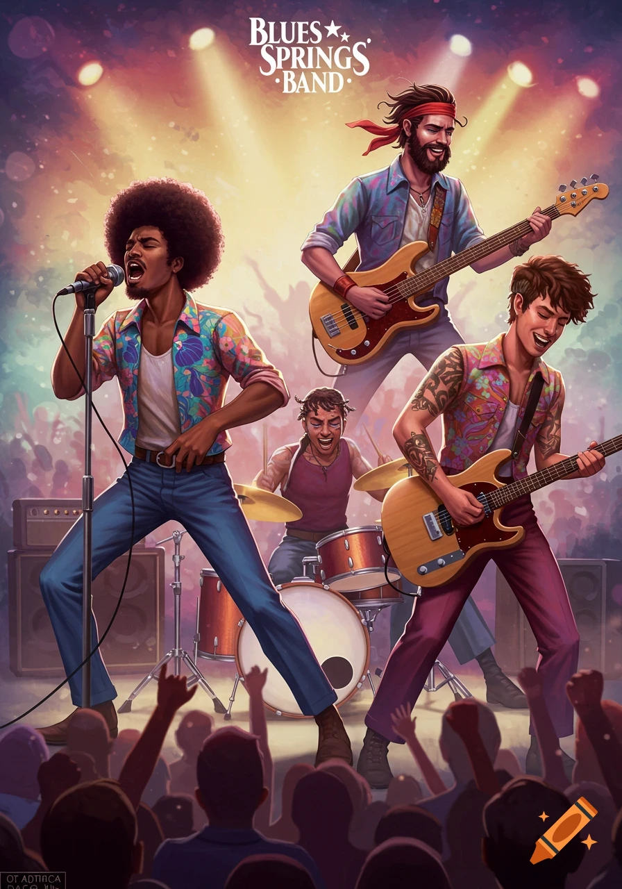 A blues band performs on stage under bright spotlights