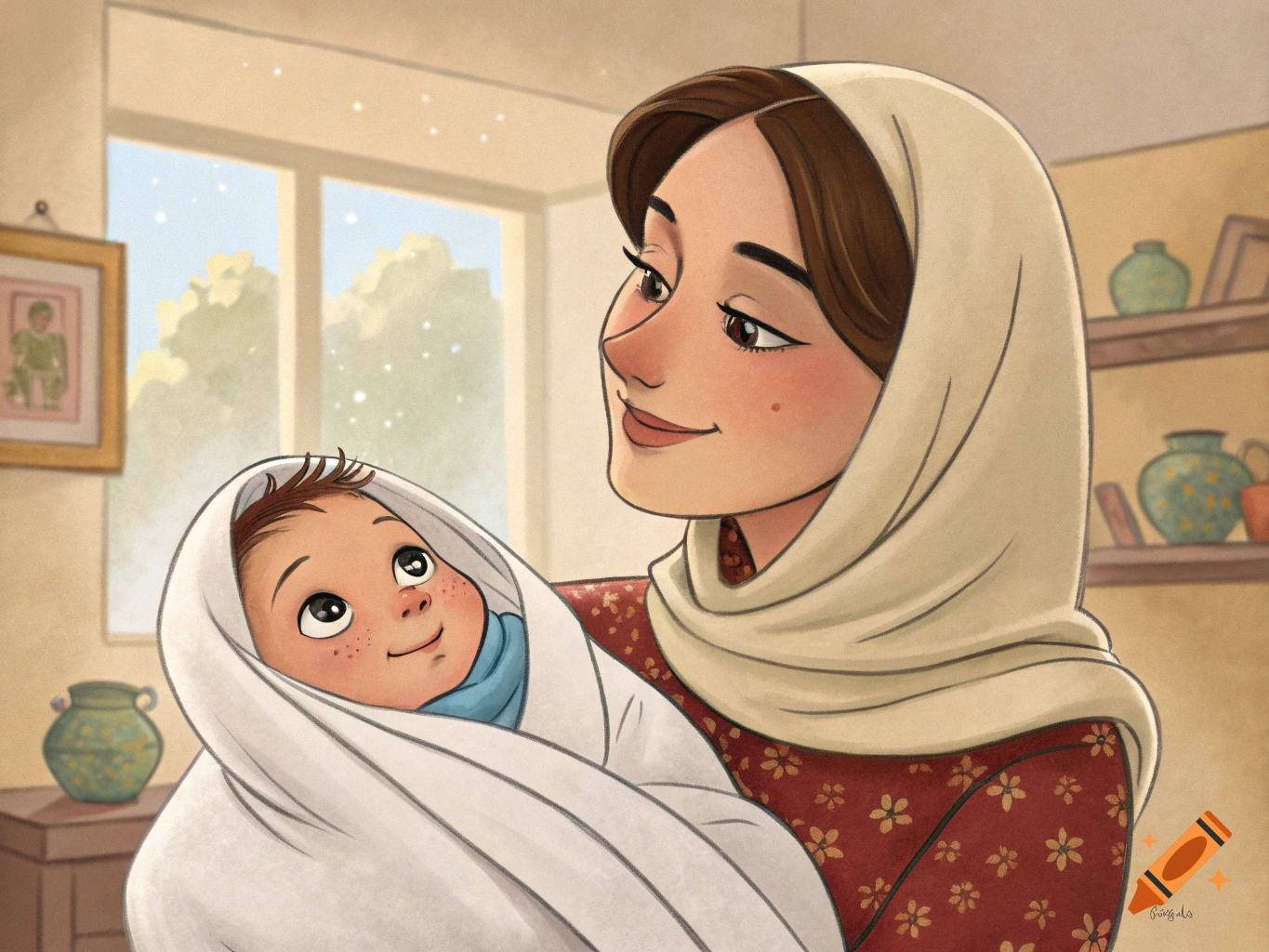 Illustration of a mother holding a swaddled baby in a sunny room.