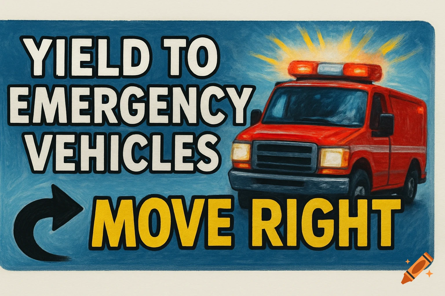 Graphic sign with red emergency van and text: Yield to Emergency Vehicles, Move Right.