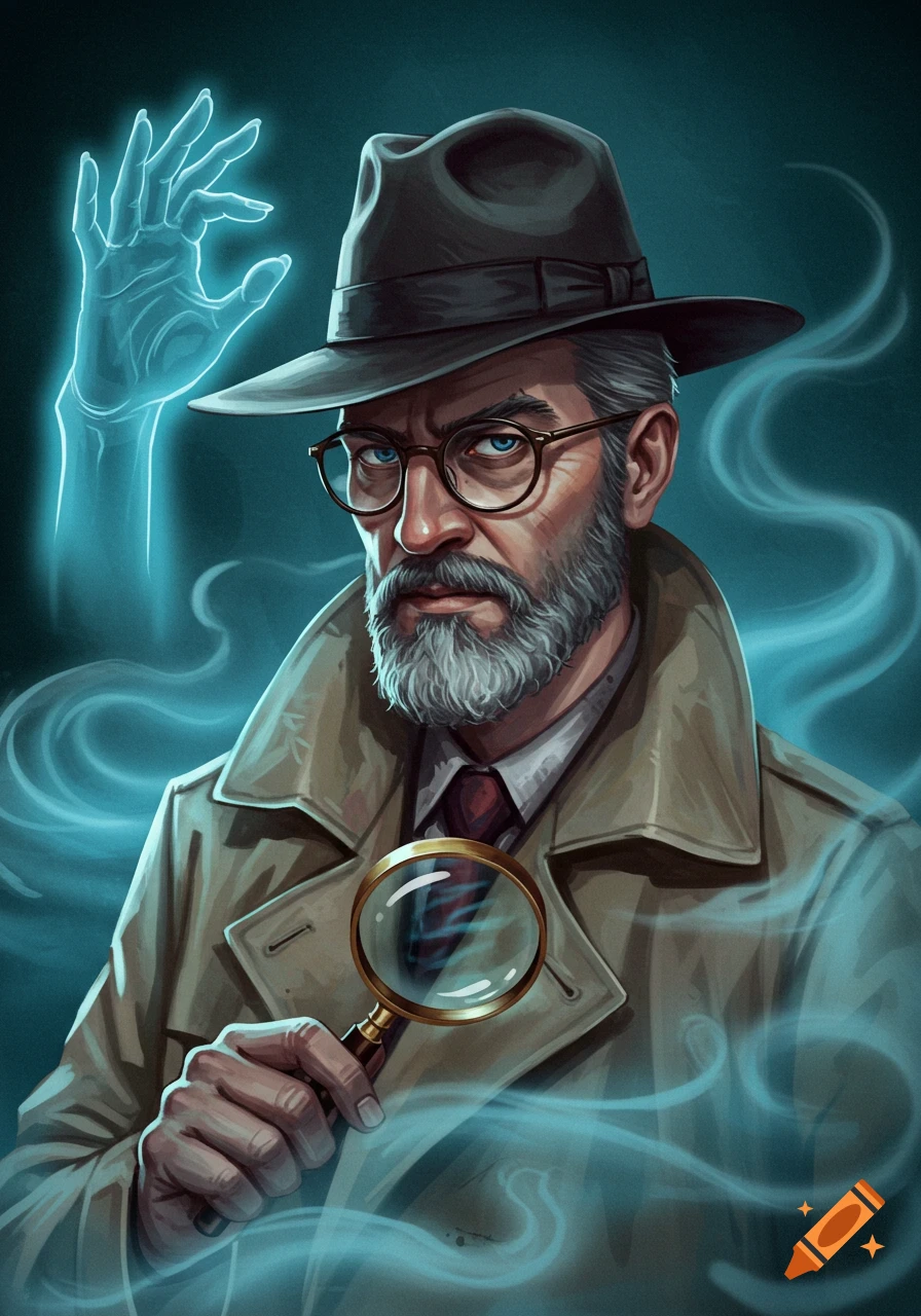Illustration of a detective in a trench coat and fedora holding a magnifying glass near a glowing blue ghost hand and smoke.