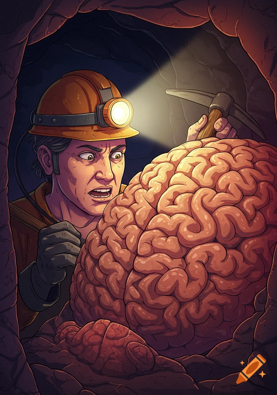 Miner finds a giant brain in a cave, illustration style.