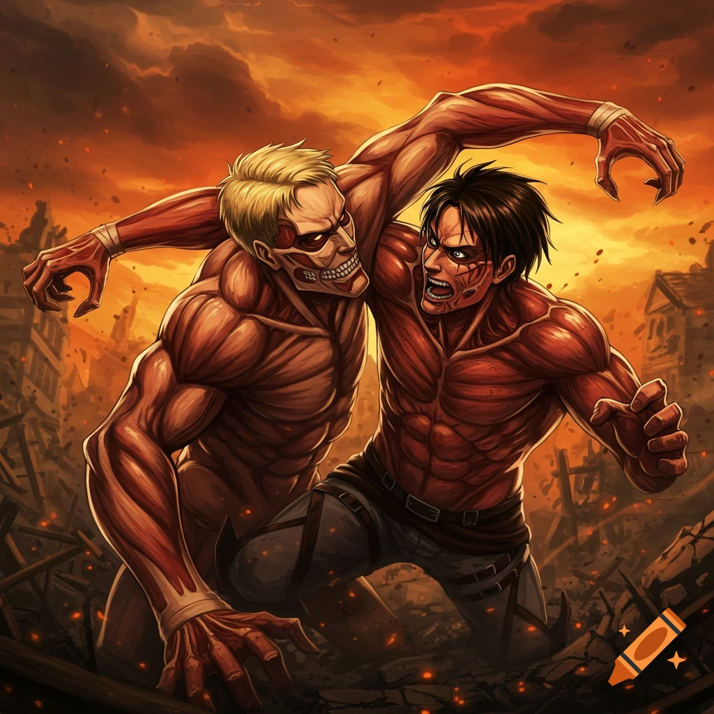Two titan forms, Eren and Reiner, grapple during a fight in a destroyed city.