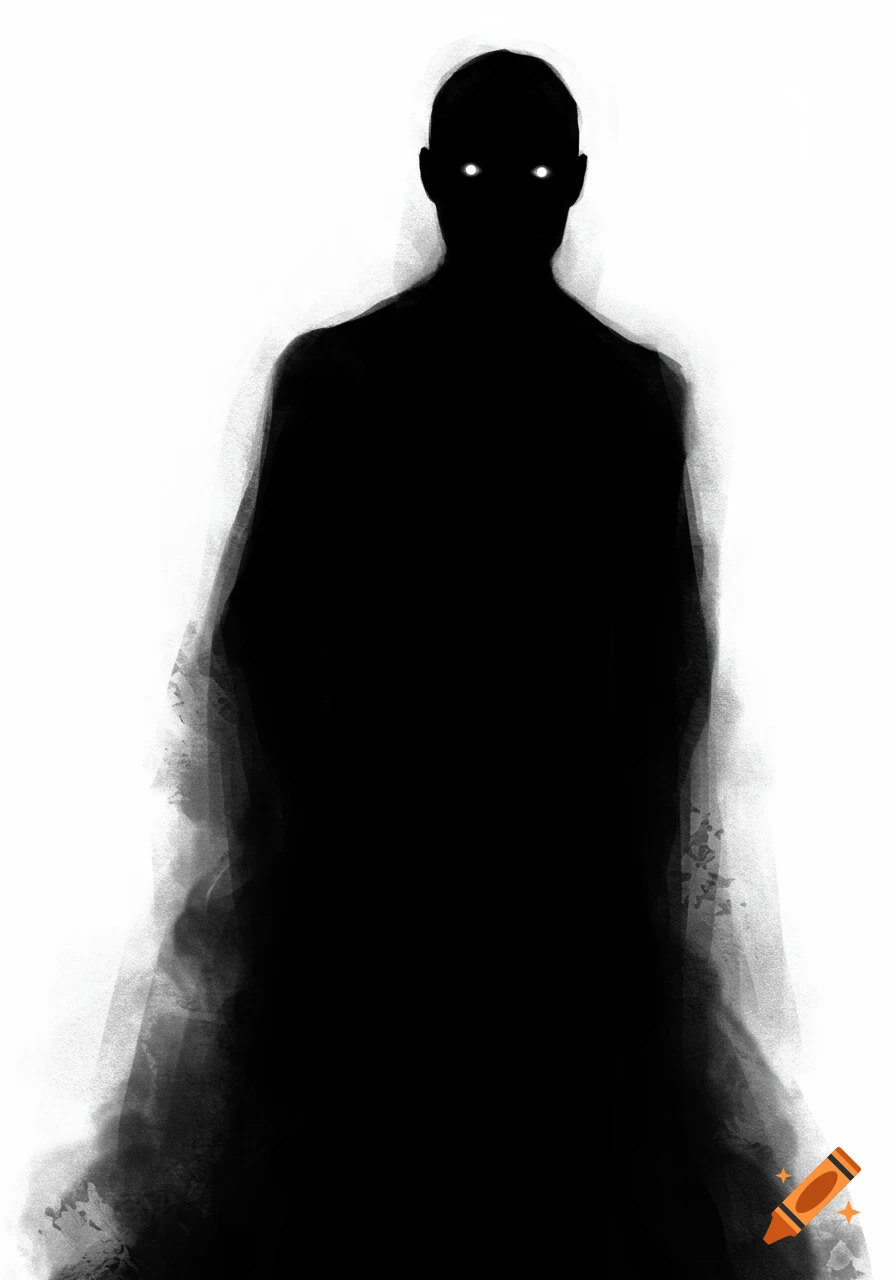 A high-contrast black silhouette of a person with glowing white eyes against a white background.