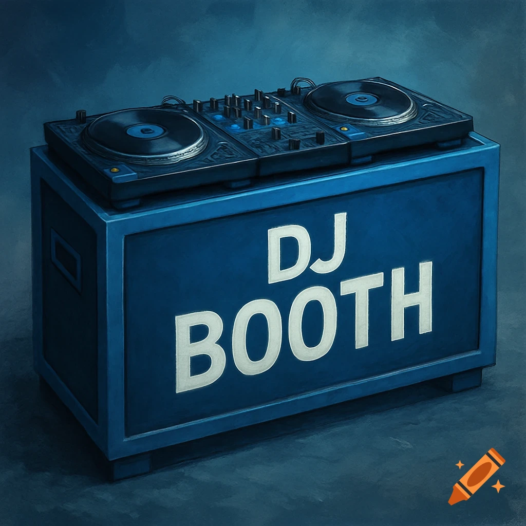 A blue DJ booth with turntables and mixer, labeled 'DJ BOOTH'.