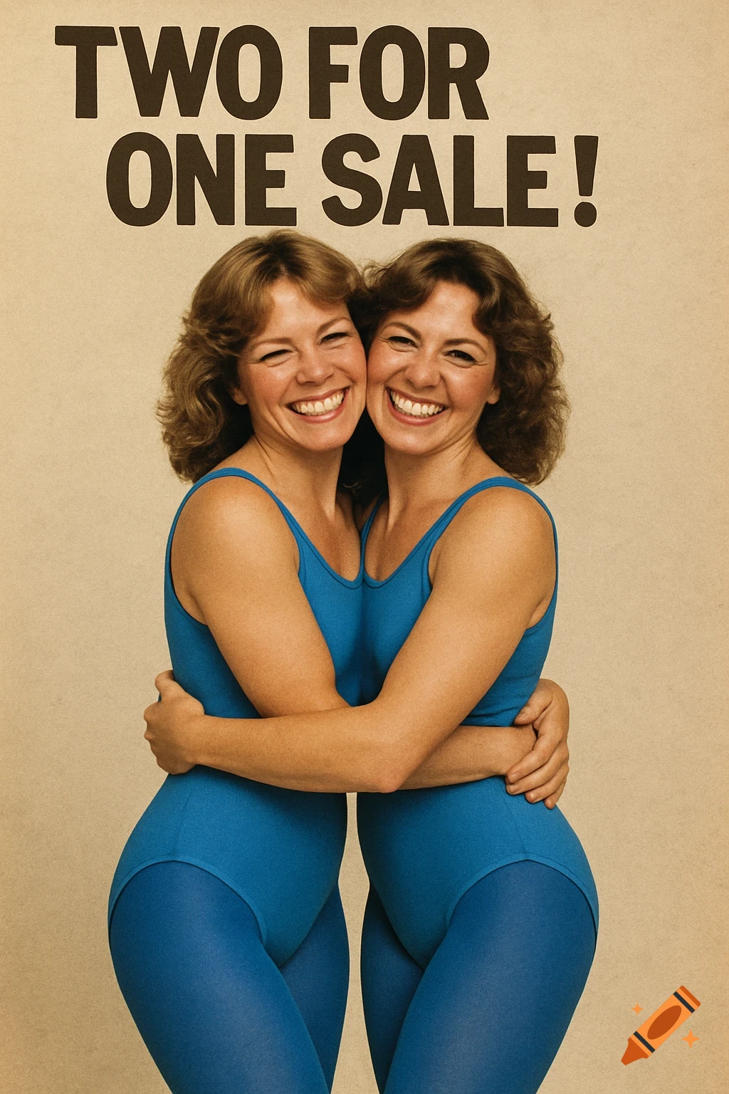 Retro ad with two women in blue leotards hugging under the text 'TWO FOR ONE SALE!'