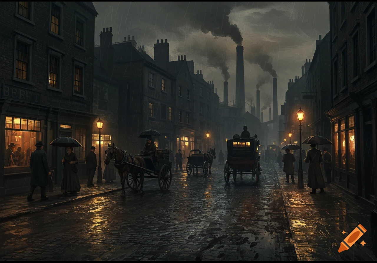Rainy street scene in a dark, industrial city with horse-drawn carriages and pedestrians under umbrellas.