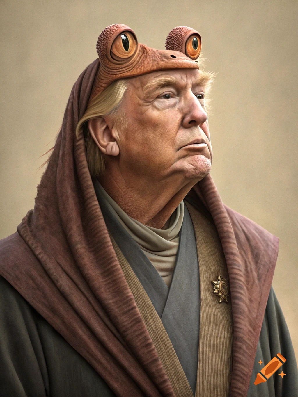 Photorealistic portrait of Donald Trump dressed as Jar Jar Binks.