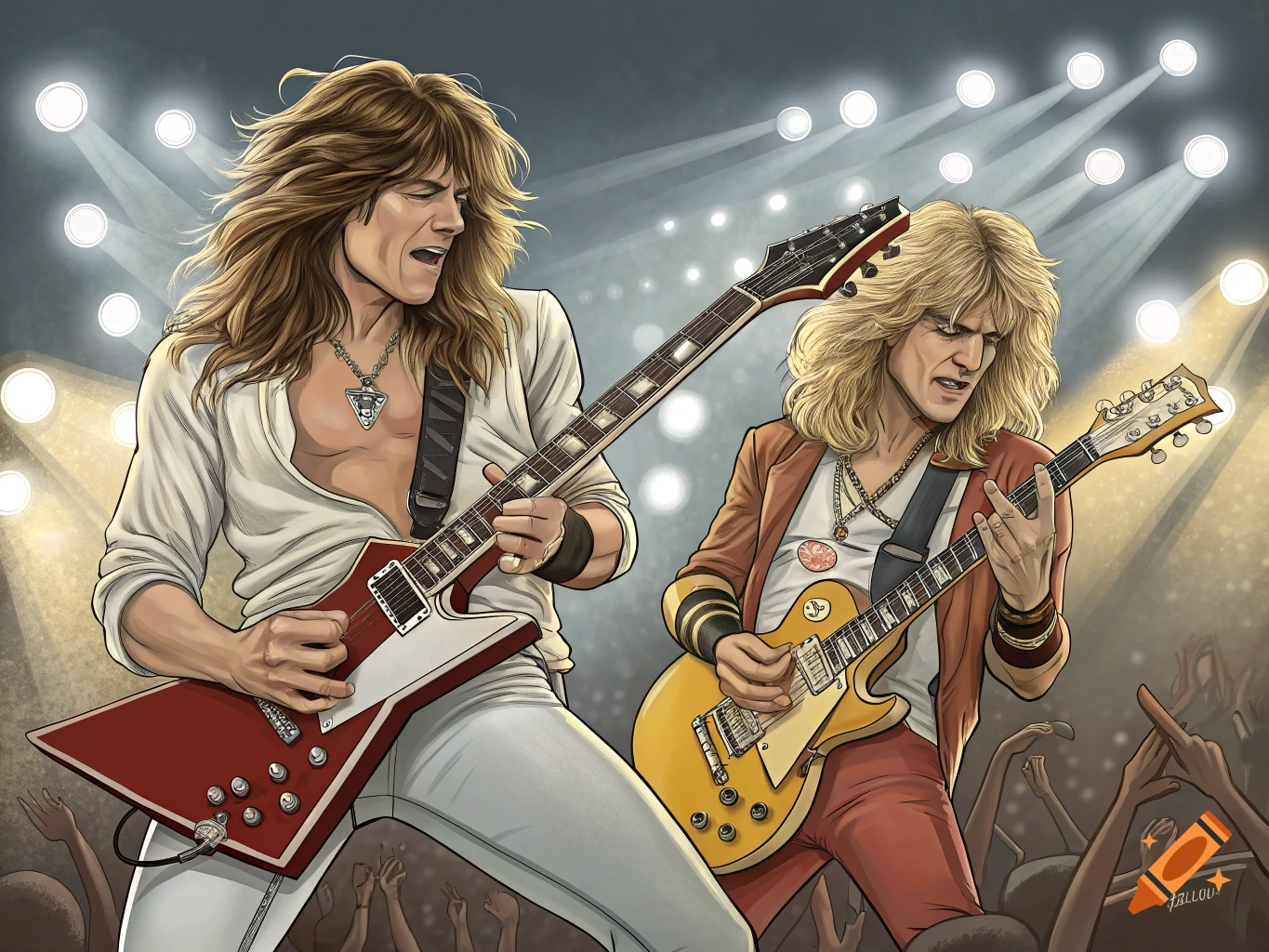 Illustration of two long-haired rock guitarists playing electric guitars on stage.