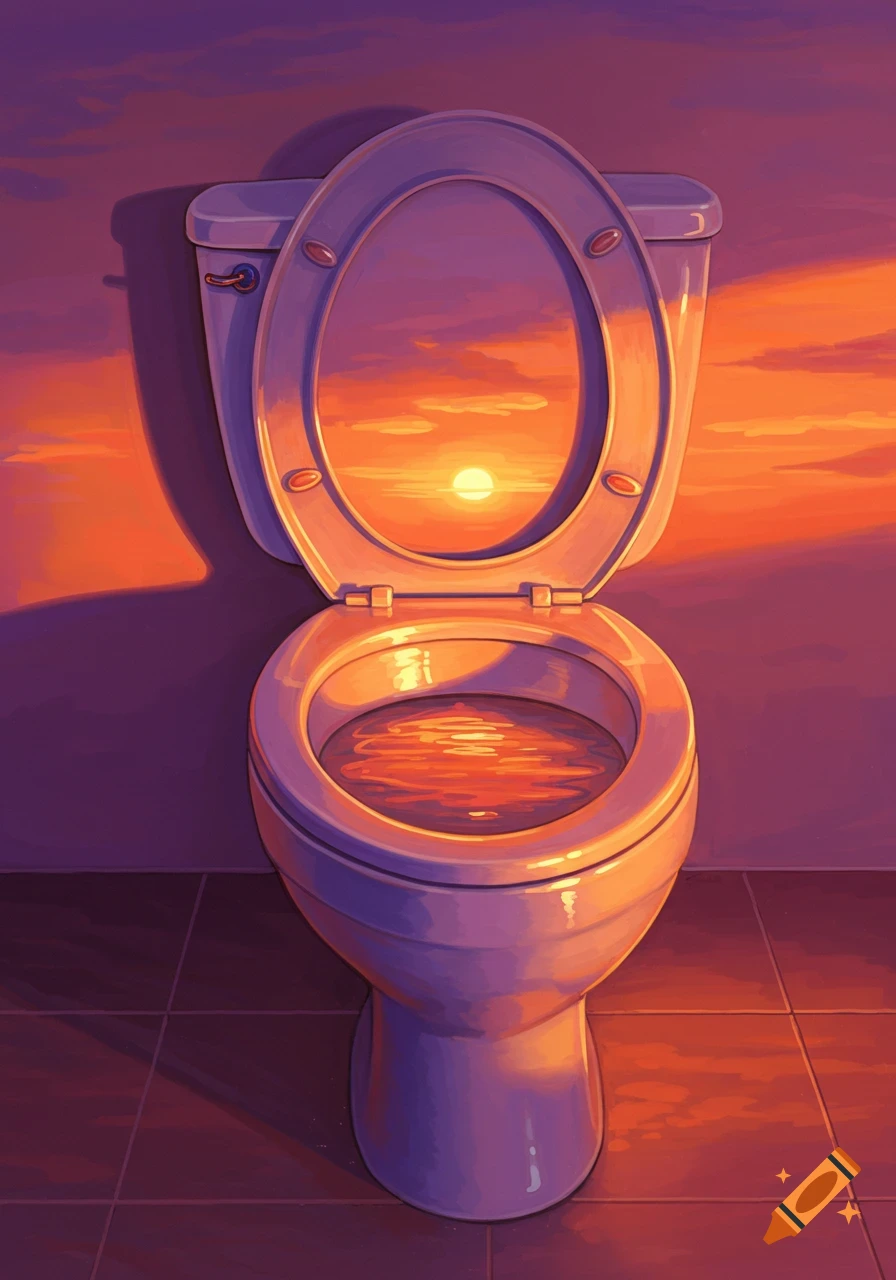 An illustration of a toilet with a sunset reflected in the water and lid.