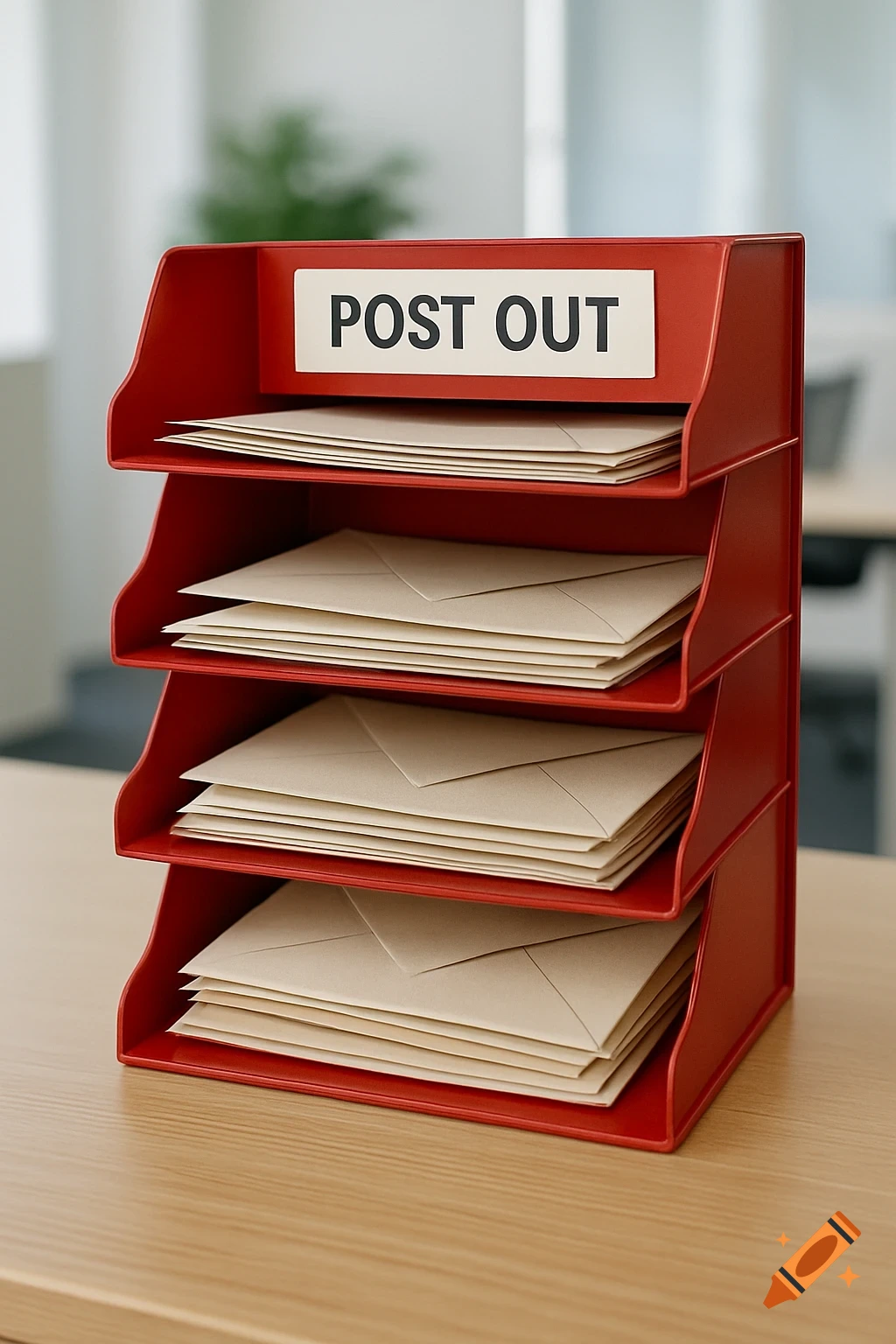 A red four-tier letter tray on a desk filled with envelopes and labeled 'POST OUT'.